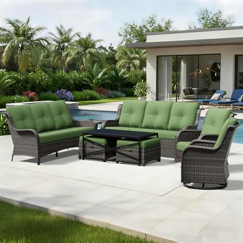 Image of Joyside 8 Piece Wicker Patio Furniture Set, Outdoor Swivel Rocker Patio Chairs with High Back, Deep Seating, Wide Armrest, Thickened Cushions, Outdoor Furniture for Deck, Porch Use