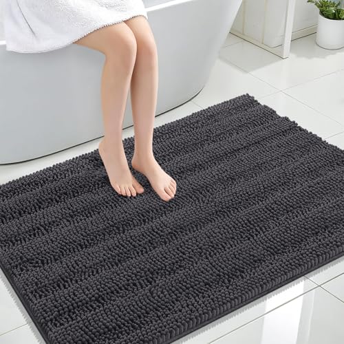 Image of OLANLY Thick Large Bathroom Rugs 44x32, Extra Soft Absorbent Chenille Striped Bath Rugs, Rubber Backing, Machine Wash, Bath Mats for Bathroom Floor, Tub and Shower, Home Decor Accessories, Dark Grey