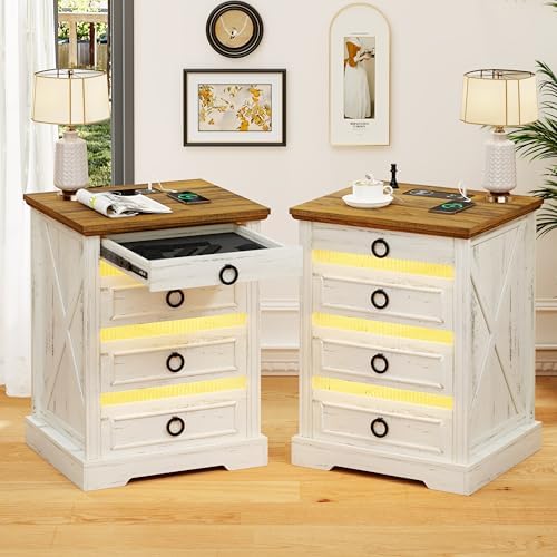 Nightstand with Charging Station, 2 Drawer Dresser for Bedroom with 2 Drawers & Shelf, Bedside Table End Table Side Table for Living Room, White