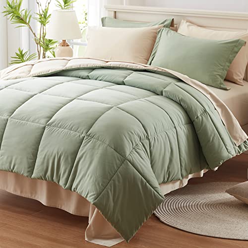 Anluoer Queen Size Bed in a Bag 7 Pieces, Sage Green Bed Comforter Set