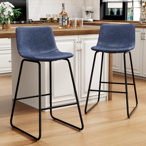 Image of REONEY Bar Stools Set of 3, 26 inch Urban Faux Leather Counter Stools, Navy