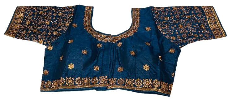 Teal Blue Silk Saree Blouse with Gold Zari Embroidery, Round Neck, Short Sleeves-image-34
