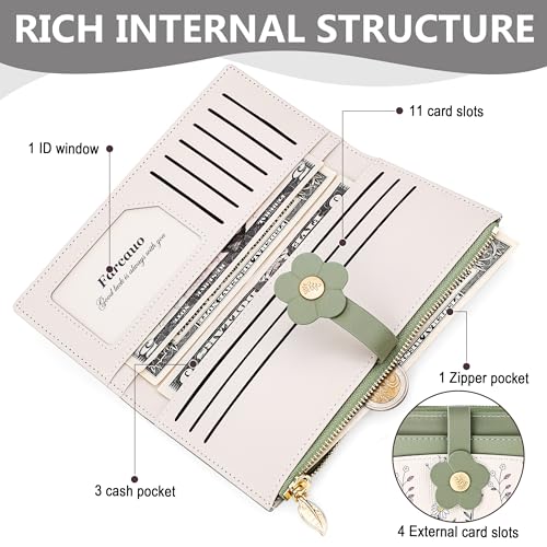 Image of Farcauo Long Floral Womens Wallet Cute Wallets for Women Green Women's Wallet Kawaii Flower Card Wallets for Women Ladies
