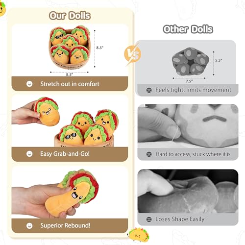 Image of Emotional Support Taco Plush, Funny Cute Cuddly Plushies and Toys, Inspirational Motivational Encouragement Gift for Women Men, Includes 5 Soft Emotional Support Plushies Food with Carry Basket