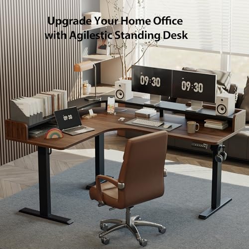 Image of Agilestic L Shaped Standing Desk, Corner Desk with Monitor Shelf, Adjustable Height Gaming Table, Sit Stand Up Table, 63 x 55 Inch Home Office Computer Workstation, Splice Board, Dark Walnut