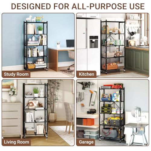 Image of black leopard 5-Tier Foldable Metal Storage Shelf with Wheels, Black | Foldable Design; 85 lb Capacity per Shelf; Preassembled Frame; Lockable Casters; Reinforced Metal Construction