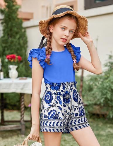 Image of Arshiner Girls 2 Piece Outfits Summer Clothes Ruffle Short Sleeve Shirts Top and High Waist Paper Bag Shorts Set with Pockets