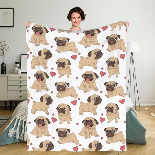 ZFYIPOK Flannel Fleece Throw Blanket Fun Cartoon Pug Lightweight Throw Blanket Travel Blanket Cozy Plush Warm Blankets for Bedroom Living Rooms Sofa Beds Office 60x50 Inch