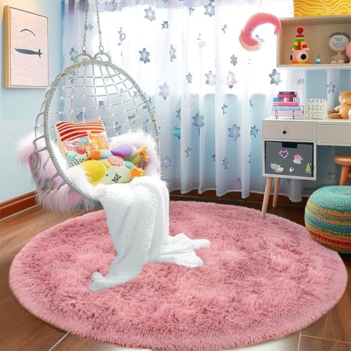 Round Fluffy Rug 3FT Blush - Super Soft Circle Rug for Kids & Teen's Room - Plush Fuzzy Shaggy Carpet