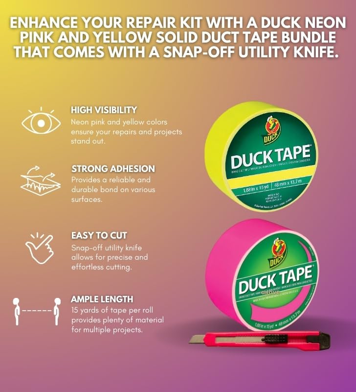 Image of Duck 1.88 in. W X 15 yd L Yellow Duct Tape + Neon Pink Duct Tape Bundle with Utility Knife - Vibrant Colored Duct Tape for DIY Projects, Crafting, & Heavy-Duty Use - (3 Items)