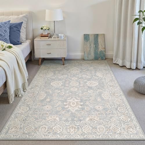 Teppich Wohnzimmer 80x150cm Schlafzimmer Blau Teppiche Waschbarer rutschfest Boho Vintage Carpet Wohnzimmerteppich Esszimmer Büroteppich Retro kurzflor Weich Carpets Plain Flower | Blau&beig
