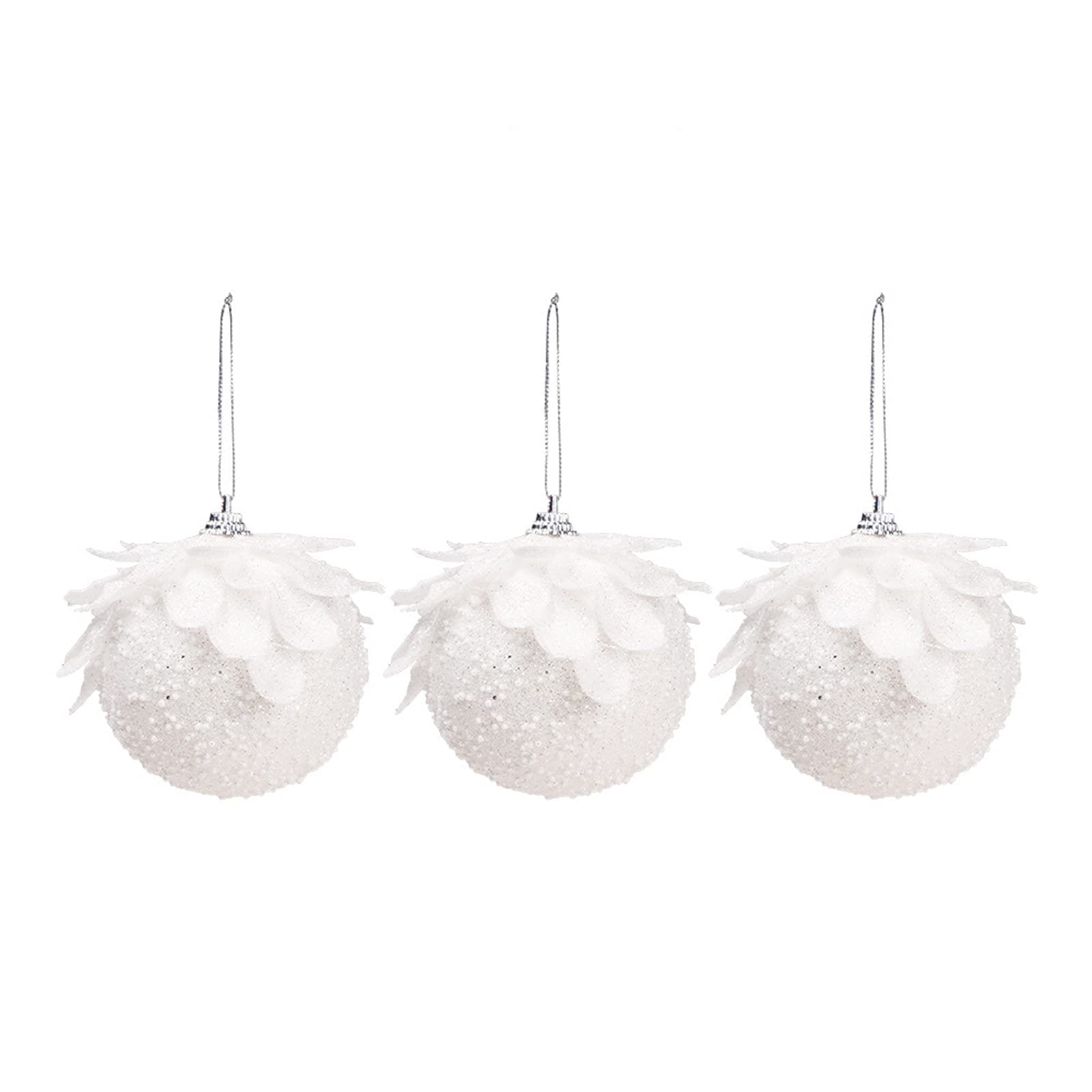SANWOOD 3pcs 8cm Traditional Christmas Decorations,White Glitter Hanging Decorative Polystyrene Styrofoam Ball Decor(style 3)