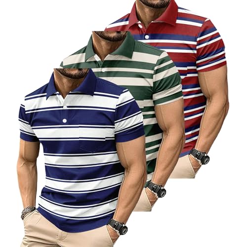 3 Pack Mens Striped Golf Shirt Moisture Wicking Quick-Dry Short Sleeve Casual Print Collared Golf Polo Shirts (US, Alpha, X-Large, Regular, Regular, Style-3pack-2)