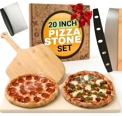 Image of Large Pizza Stone for Oven and Grill 20 Inch - Cordierite Pizza Stones with Wooden Pizza Peel, Dough Tool & Pizza Cutter Set - Makes Crispy Homemade Pizza & Bread - 20 inch x 13.5 inch Baking Stone