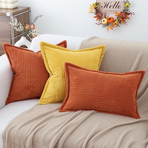 Mecatny Corduroy Fall Throw Pillow Covers 24x24 Set of 2, Neutral Decorative Soft Burnt Orange Boho Couch Pillow Covers with Broadside for Sofa Living Room, Rust