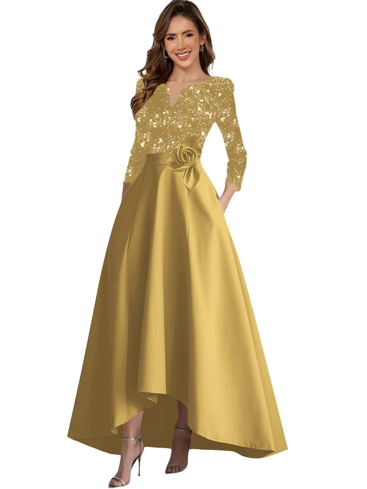 Sparkly Sequin Velvet Mother of The Bride Dresses Long Sleeve Formal Dress Tea Length Hi-Lo Wedding Party Gowns