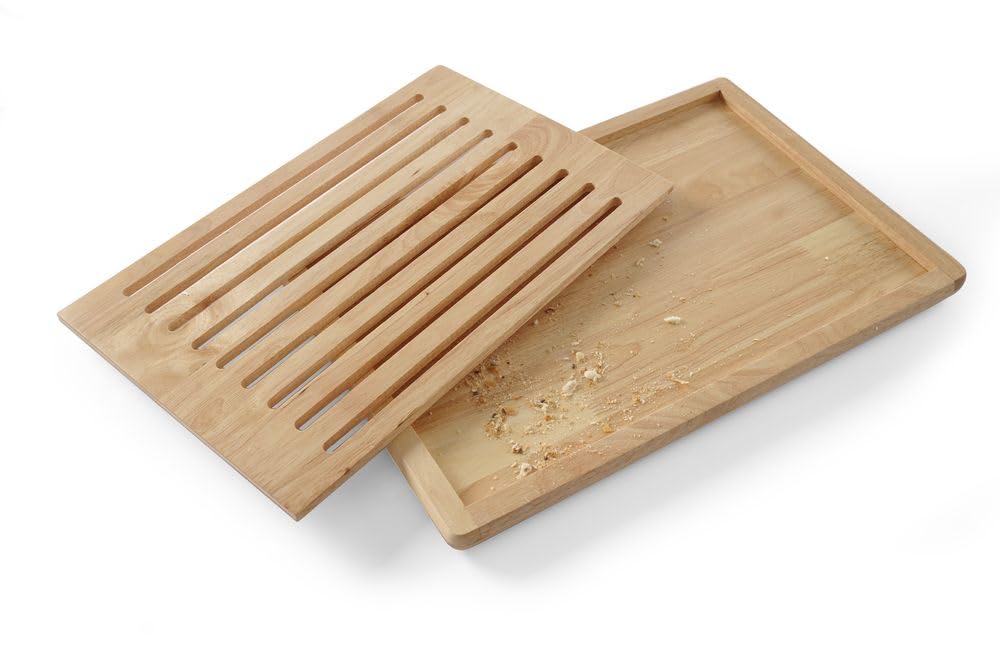 HENDI Tabla para cortar pan, con rejilla extraíble y bandeja recogemigas, tabla de picar pan, tabla de cocina, 475x322x(H)20mm, madera de caucho