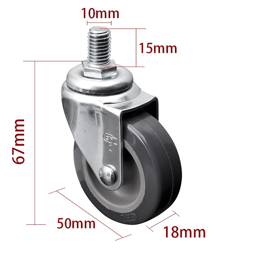 roulettes roulettes pivotantes verrouillables de 50 mm roulettes à Tige M10x15 avec Frein latéral, Remplacement pour Table Basse de Chariot de Meubles, Lot de 4