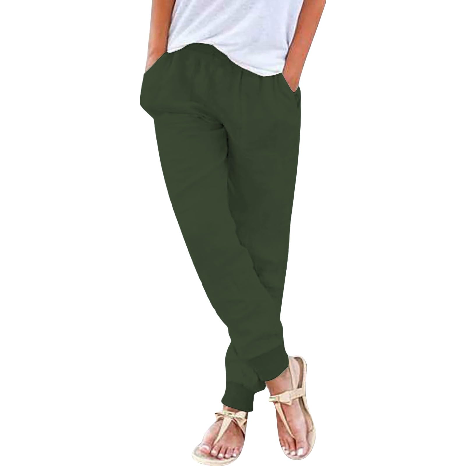 Leichte Hosen Damen Sommer Knielang Chino Damen Hose Casual Elegant LäSsige Hoher Durchgummierter Bund Knielange Jogger-Hose Ohne Kordelzug Einfarbig Mit Taschen Baumwolle Für Urlaub