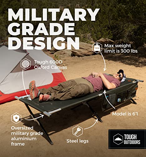 Tough Outdoors Camping Cot For Adults- Folding Sleeping Cots For Camping & Hunting - Heavy Duty Military Bed - Army Fold-Up Camping Bed - Travel Tent Cots - With Organizer & Storage Bag #TOP1