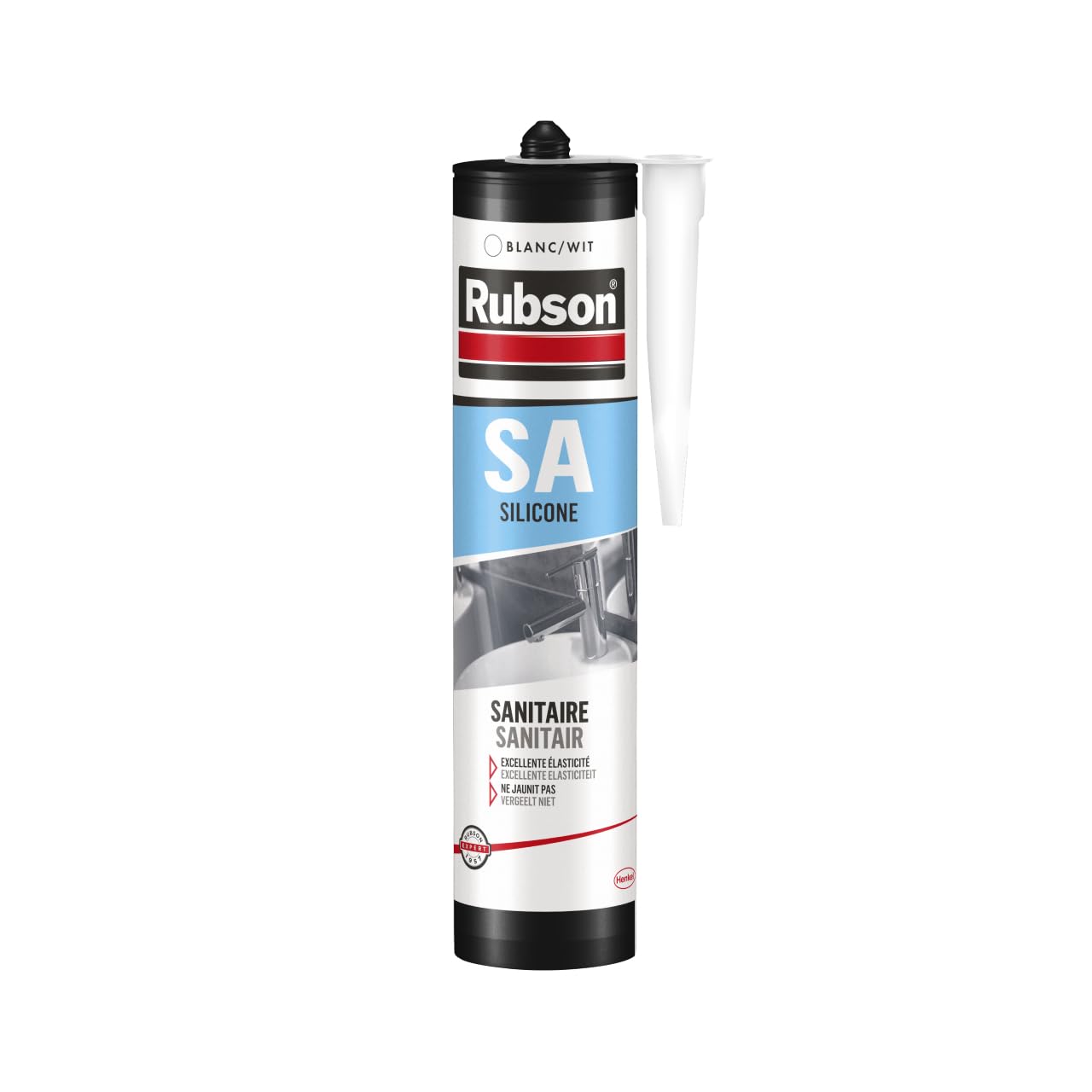 Rubson SA Mastic Sanitaire Blanc, Mastic silicone acétique contenant des antifongiques puissants, Joint sanitaire étanche pour tous matériaux émaillés, 300 ml