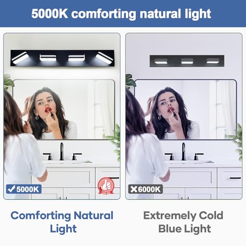 Image of Torondo 360 Rotate LED Bathroom Vanity Light Fixtures, Acrylic Vanity Lights for Bathroom, Modern Wall Lighting Fixtures Over Mirror Living, Matte Black, Natural White, 4-Light, 27-Inch