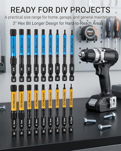 Image of DCWecher 3-Inch Impact Hex Bit Set, 20PCS Long Allen Wrench Drill Bit Set | Magnetic Allen Key Drill Bit Set, S2 Steel, Metric & SAE Hex Bits, 1 /4'' Hex Shank for Automotive Repair & Furniture Assembly