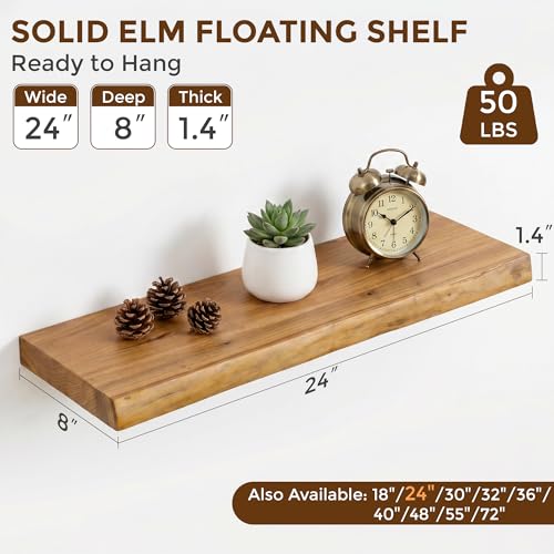 Image of Dreamland Floating Shelves 24 Inch Long, Rustic Solid Elm Wood Live Edge Floating Shelf Wall Mounted, Wall Shelves Set of 2 with Invisible Bracket for Living Room Bathroom Kitchen, Natural