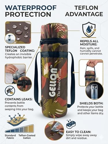 Image of Gellon Zip Bottle Cover In Teflon Coating Polyester Cloth For 750 ML, 1 L to 1.5 Litre Water Proof Drawstring Closer For Travel, Hiking, Office & School Kids In Military 2 Pattern