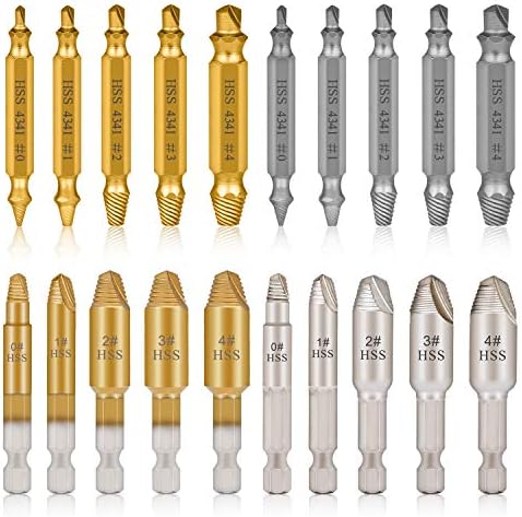 Hakkin 20 Pcs Damaged Stripped Screw Extractor Set for Broken Screw Titanium Plated 4341 High-Speed Steel Easily Remove Bolt Set