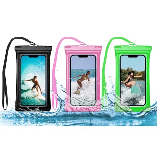 Waterproof Phone Pouch - Floating Waterproof Cellphone Case- Water Proof Clear Holder Protector for iPhone 15 Pro Max, Protector for iPhone with Neck Cord (3-Pack) (Black-Pink-Green)