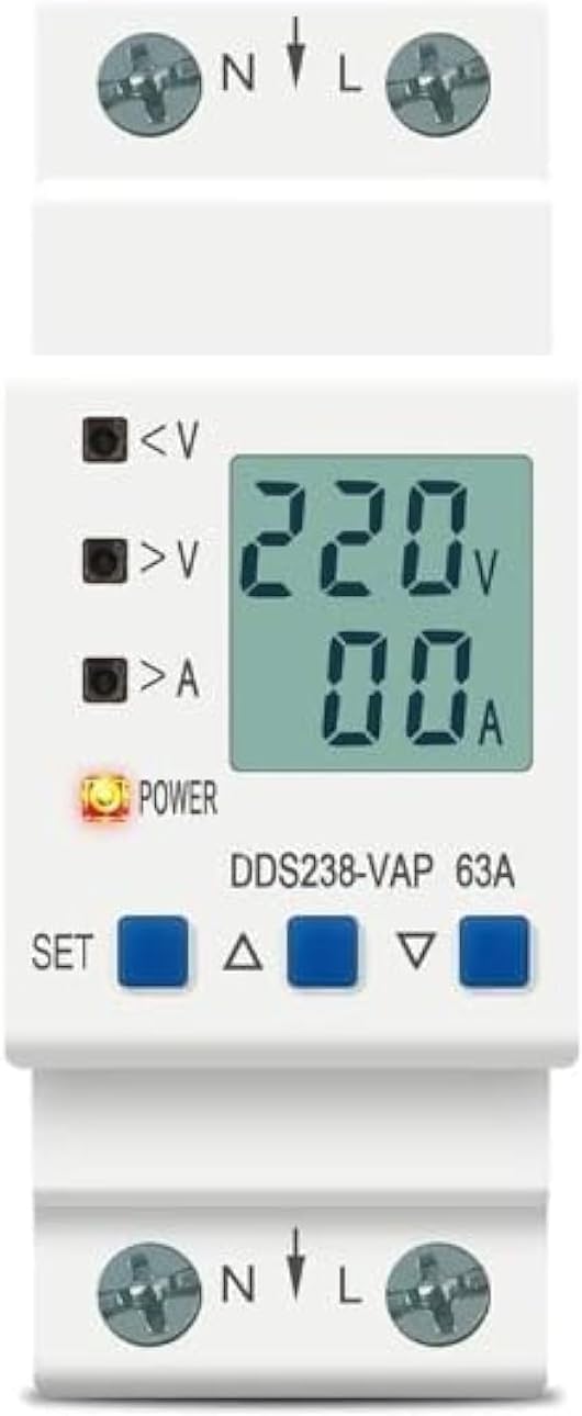 (QS-VP02): Over Under Voltage Protection With Over Current/Load Protection, Digital Energy Meter 63A, 230V DIN Rail Mounted