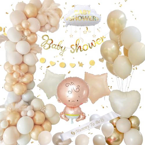 Baby Shower Decorations, Baby Shower Neutral Balloons Set Wirte Gold, Baby Shower Decorations Girl Boy, Baby Shower Banner, Mummy to be Sash for Gender Reveal Party Decorations