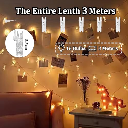 Image of fizzytech 16 LED 4 Meter Warm White Clip String Lights, Decorative Hanging Fairy Lights with Clips for Home, Bedroom, Wall Photo Display, Parties & Decoration, Pack of 1