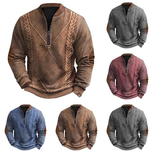Cambkatl Men's Half Zipper Knit Texture Sweatshirt with Elbow Patch - Vintage Colorblock Casual Long Sleeve Pullovers Shirts2