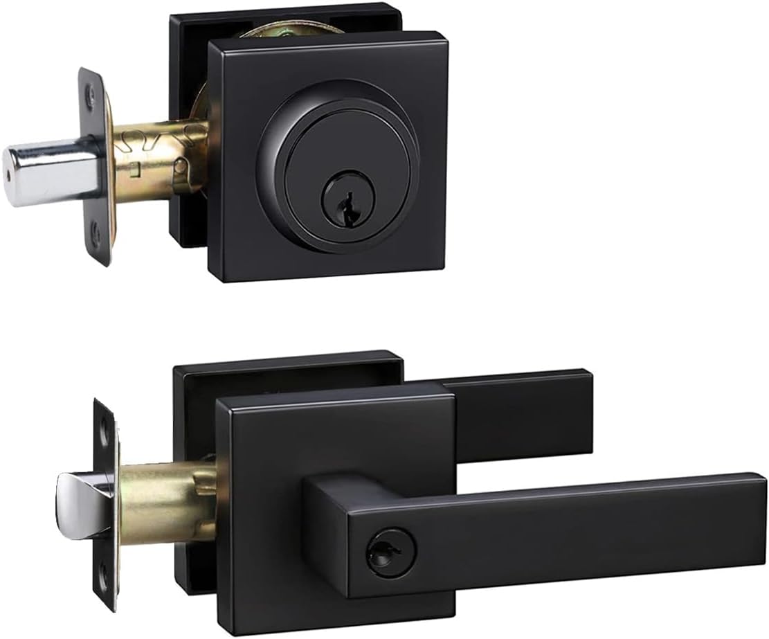 Cielsa Dawn Entry Lever Door Locks with Deadbolt - Modern Square Exterior Front Door Handle and Single Cylinder Deadbolt (Matte Black, Deadbolt and Lever Set)