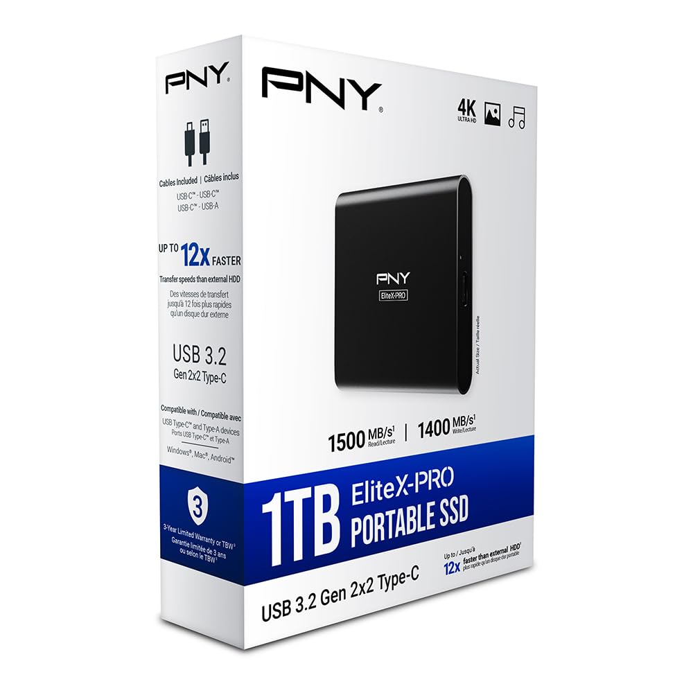PNY CS2260 EliteX-Pro USB 3.2 Gen 2x2 External Portable SSD 1TB, Vitesse de Lecture jusqu'à 1,500 MB/s, Vitesse d'écriture 1,400 MB/s Noir