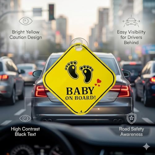 Image of 2-in-1 Reversible Baby on Board & Bump on Board Car Hanging Sign - Mom on Board Pregnancy & Newborn Safety Sign for Rear Windshield with Suction Cup, 300 GSM Laminated Board, 14.5 cm, Yellow (2, 14.5 x 14.5 cm)