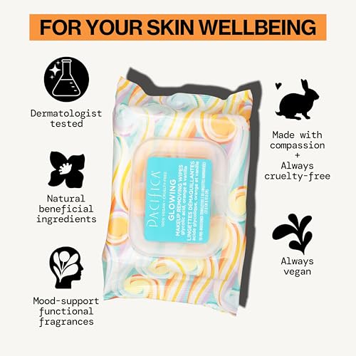 pacifica makeup remover face wipes - daily facial cleansing amp exfoliating towelettes - biodegradable - organic - w gycolic acid - clean beauty vegan amp cruelty-free dermatologist tested 30 count