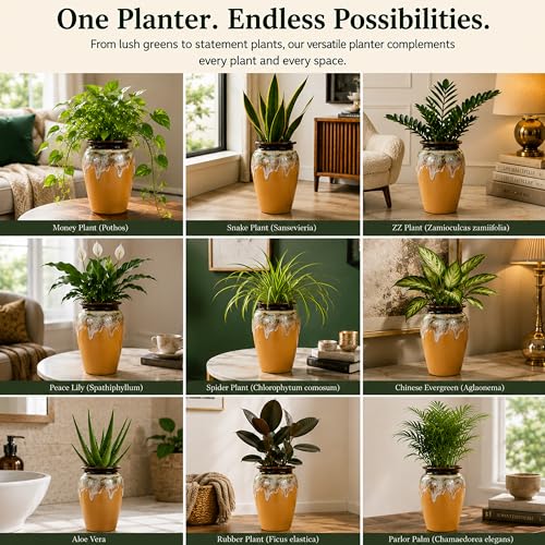 Image of Ceramic Flower Pots for Garden | Big Size Planters for Home Decor, Living Room, Balcony & Office | Multi Utility Vase Gamla for Indoor Outdoor Plants (Hand-Painted, Yellow, 10 Inch)