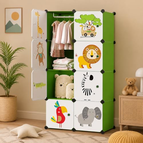 Image of LUHI Plastic Wardrobe for Kids Clothes - Easy to Use Anti-Skid & Non-Slip Effective Professional, Plastic Cupboard for Kids, Foldable Almirah, Collapsible Wardrobe (Green HI, 8-Shelf-8-Door)