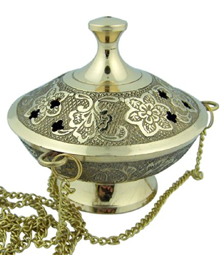 Religious Gifts Charcoal Incense Burner Gold Tone Over Brass Hanging Censer With Chain #TOP1