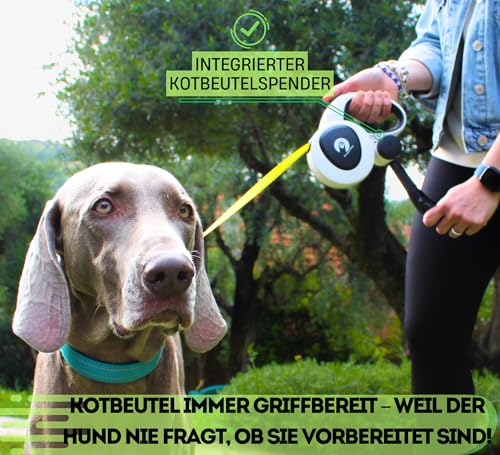 Snuggle Paws Ausziehbare Hundeleine 5m – Kompakt & Leicht: LED-Lampe, Integrierter Kotbeutelspender, Anti-Kau-Stahlseil, Reflektierendes Nylonband | Rollleine für kleine Hunde bis 20 kg