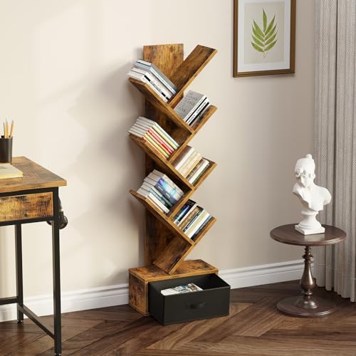 Rolanstar 7 Tier Bookshelf with Drawer, Tree Bookshelf, Small Bookshelves with Storage Rack for CDs/Movies/Books, Standing Book Shelf, Tall Narrow Bookcase for Living Room, Bedroom, Rustic Brown image 2