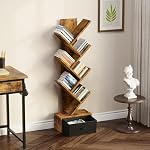 Rolanstar 7 Tier Bookshelf with Drawer, Tree Bookshelf, Small Bookshelves with Storage Rack for CDs/Movies/Books, Standing Book Shelf, Tall Narrow Bookcase for Living Room, Bedroom, Rustic Brown - Image 2