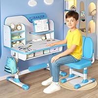 joukares Kids Study Table and Chair Set, Height Adjustable Children Desk with Storage Drawer & Shelves, for Studying, Reading, Drawing, for Kids Ages 3-12 Years