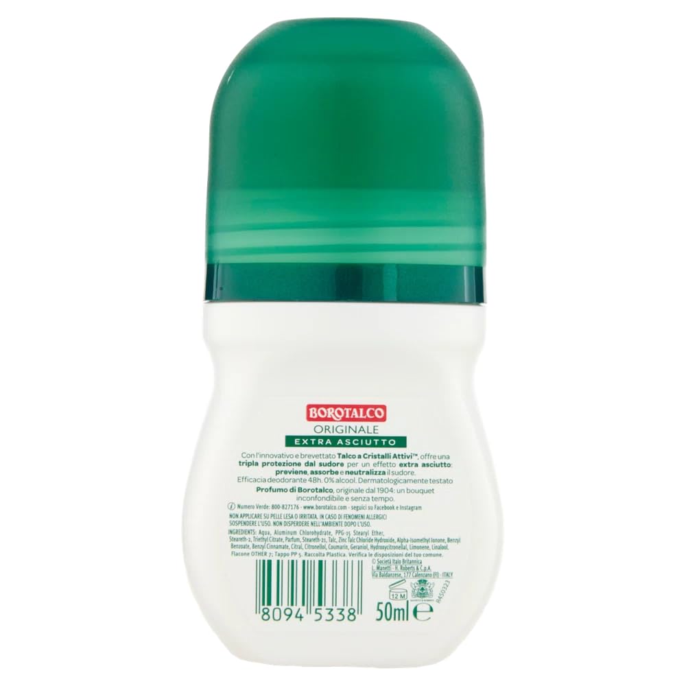 12x Borotalco Deodorante Deo Roll-On Originale,Dreifacher Schutz vor Schweiß und extra Trocken Effekt,50ml + Beni Culinari Kostenloser Schlüsselanhänger