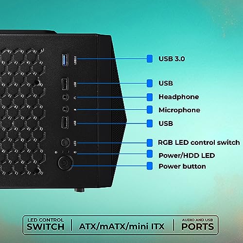 Image of ZEBRONICS Atomic Mid-Tower Premium Gaming Cabinet - Black, ATX /M-ATX /M-ITX, 1 x 120 mm RGB Inner Glow Rear Fan, LED Strip with Control Switch, Tempered Glass Side Panel, USB 3.0, USB 2.0 (Black)