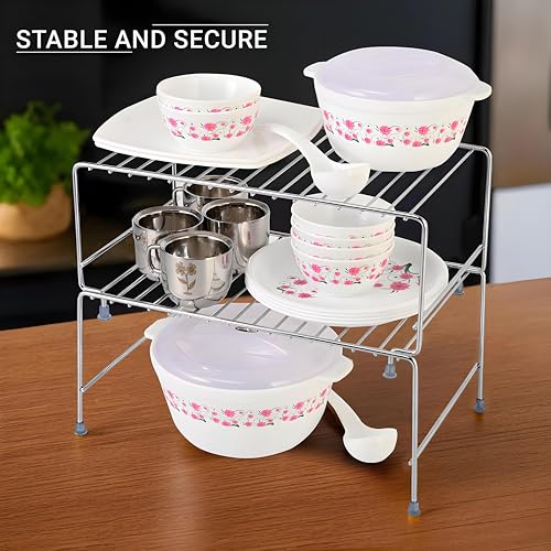 Image of Kuber Industries 2 Pcs Set Stainless Steel Kitchen Storage Rack - Oil, Masala & Spice Stand Tray - Kitchen Counter Top Corner Shelf Organizer Countertop- Silver
