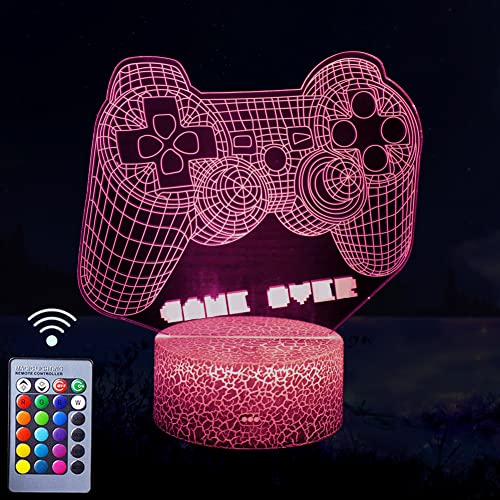 Game Over 3Dイリュージョンランプ LEDゲームパッド ナイトライト 子供用 リモコン付き 16色変化 男の子の...